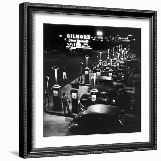 Gilmore Gas Station Featuring Eight Islands, Three Pumps Each, Girl Makes Change Every Two Islands-Allan Grant-Framed Photographic Print