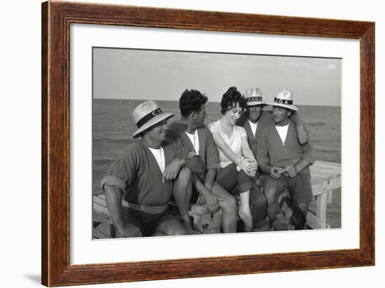 Gina Lollobrigida on the Seashore with Lifeguards-null-Framed Photographic Print