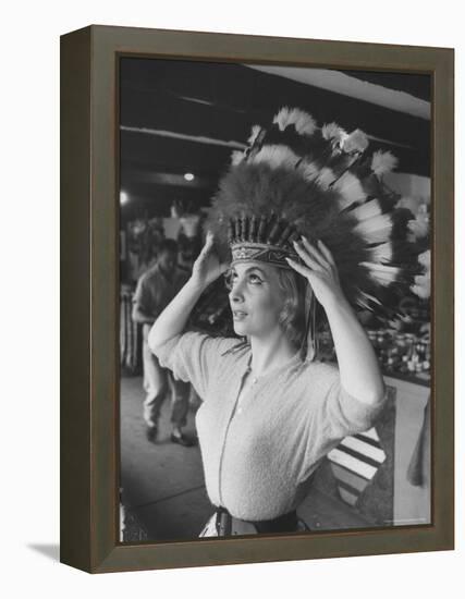 Gina Lollobrigida Trying on Native American Head Piece-Peter Stackpole-Framed Premier Image Canvas