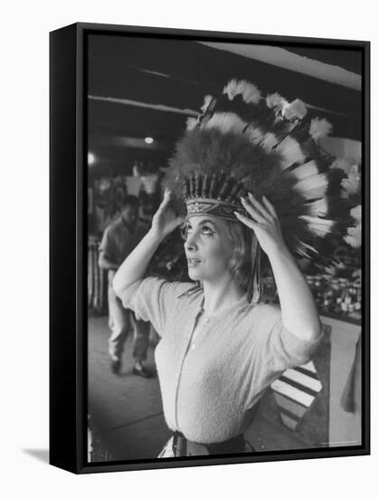 Gina Lollobrigida Trying on Native American Head Piece-Peter Stackpole-Framed Premier Image Canvas