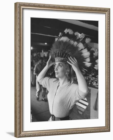 Gina Lollobrigida Trying on Native American Head Piece-Peter Stackpole-Framed Premium Photographic Print