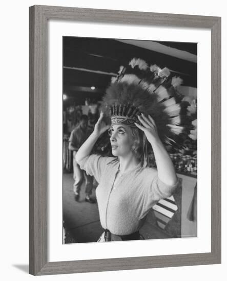 Gina Lollobrigida Trying on Native American Head Piece-Peter Stackpole-Framed Premium Photographic Print