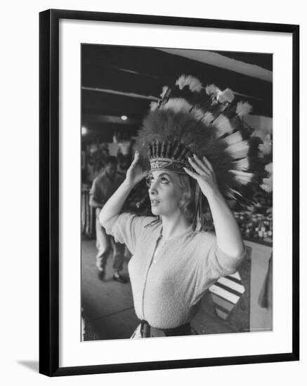 Gina Lollobrigida Trying on Native American Head Piece-Peter Stackpole-Framed Premium Photographic Print