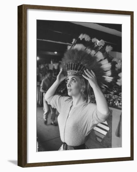 Gina Lollobrigida Trying on Native American Head Piece-Peter Stackpole-Framed Premium Photographic Print