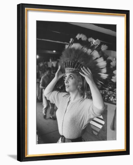 Gina Lollobrigida Trying on Native American Head Piece-Peter Stackpole-Framed Premium Photographic Print