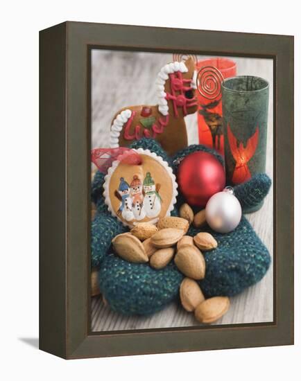 Gingerbread Tree Ornaments, Almonds, Mittens, Baubles & Candle-null-Framed Premier Image Canvas