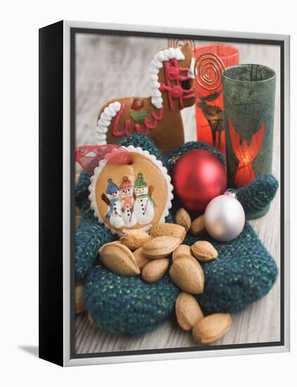 Gingerbread Tree Ornaments, Almonds, Mittens, Baubles & Candle-null-Framed Premier Image Canvas