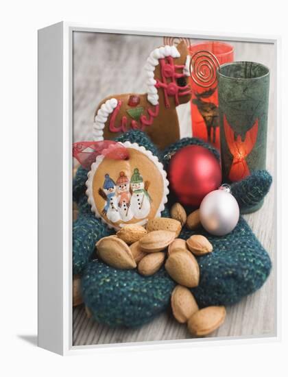 Gingerbread Tree Ornaments, Almonds, Mittens, Baubles & Candle-null-Framed Premier Image Canvas