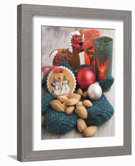 Gingerbread Tree Ornaments, Almonds, Mittens, Baubles & Candle-null-Framed Photographic Print