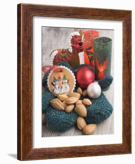 Gingerbread Tree Ornaments, Almonds, Mittens, Baubles & Candle-null-Framed Photographic Print