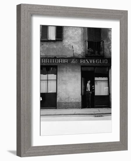 Giorgio Gaber at the Entrance of the Eating House Trattoria Del Risveglio-null-Framed Photographic Print