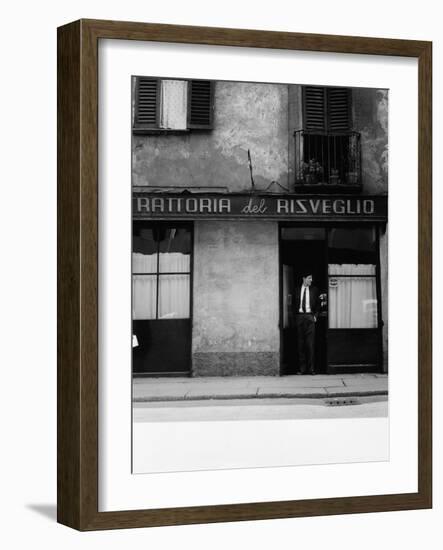 Giorgio Gaber at the Entrance of the Eating House Trattoria Del Risveglio-null-Framed Photographic Print