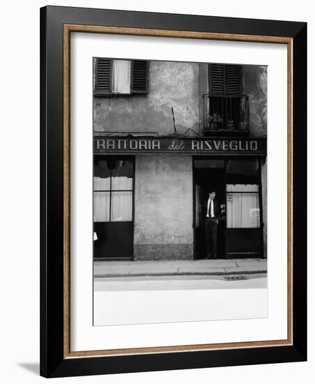 Giorgio Gaber at the Entrance of the Eating House Trattoria Del Risveglio-null-Framed Photographic Print