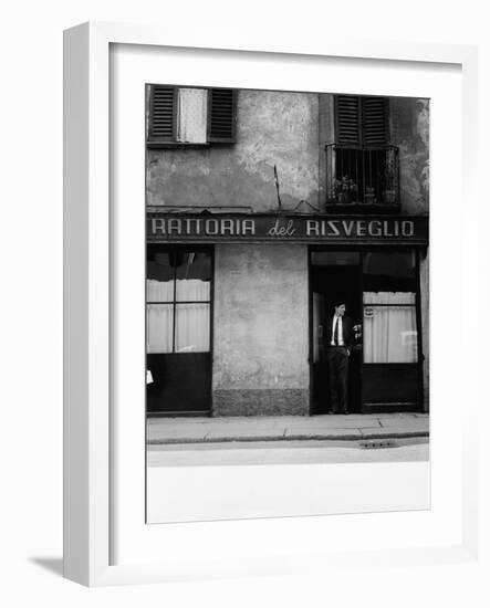 Giorgio Gaber at the Entrance of the Eating House Trattoria Del Risveglio-null-Framed Photographic Print