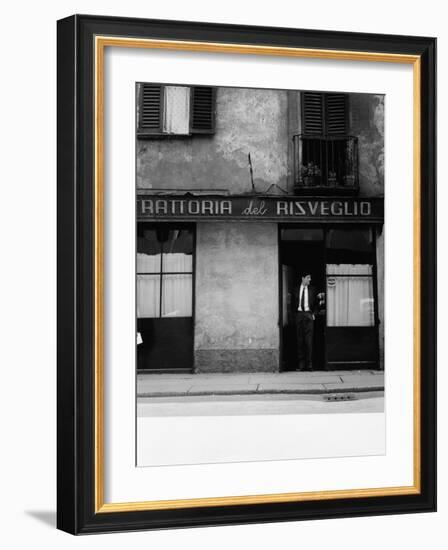 Giorgio Gaber at the Entrance of the Eating House Trattoria Del Risveglio-null-Framed Photographic Print