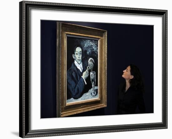 Giovanna Bertazzoni Poses for Photographers in Front of 1903 Pablo Picasso's "The Absinthe Drinker"-null-Framed Photographic Print