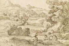 Vaste paysage de plaine avec un lac, et un chemin montant à une forteresse-Giovanni Francesco Grimaldi-Giclee Print