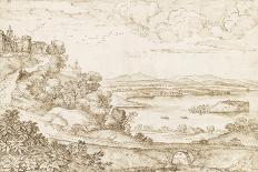 Vaste paysage de plaine avec un lac, et un chemin montant à une forteresse-Giovanni Francesco Grimaldi-Giclee Print