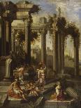 Capricci of Classical Ruins with Water Carriers, Philosophers and Noblemen (Left Panel)-Giovanni Ghisolfi (Circle of)-Framed Premier Image Canvas