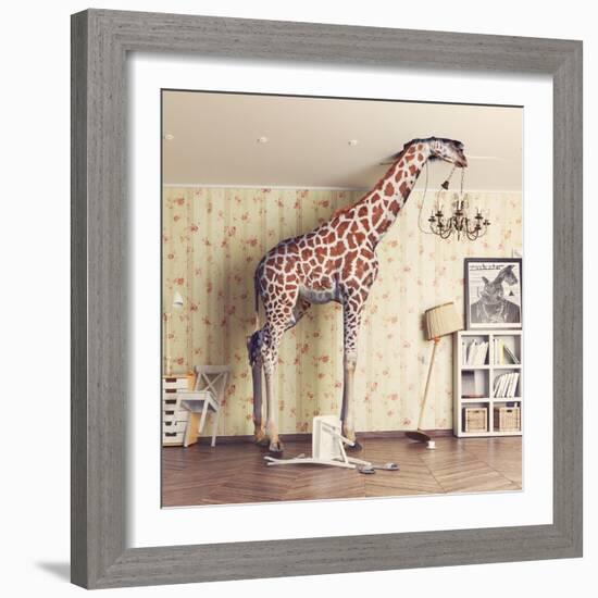 Giraffe Breaks the Ceiling in the Living Room. Photo Combination Concept-Zastolskiy Victor-Framed Photographic Print