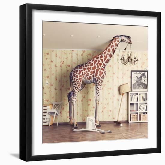 Giraffe Breaks the Ceiling in the Living Room. Photo Combination Concept-Zastolskiy Victor-Framed Photographic Print