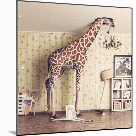 Giraffe Breaks the Ceiling in the Living Room. Photo Combination Concept-Zastolskiy Victor-Mounted Photographic Print