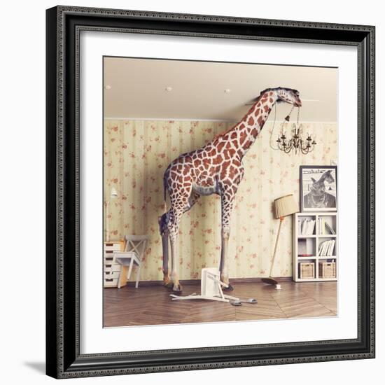 Giraffe Breaks the Ceiling in the Living Room. Photo Combination Concept-Zastolskiy Victor-Framed Photographic Print