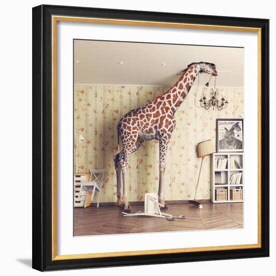 Giraffe Breaks the Ceiling in the Living Room. Photo Combination Concept-Zastolskiy Victor-Framed Photographic Print