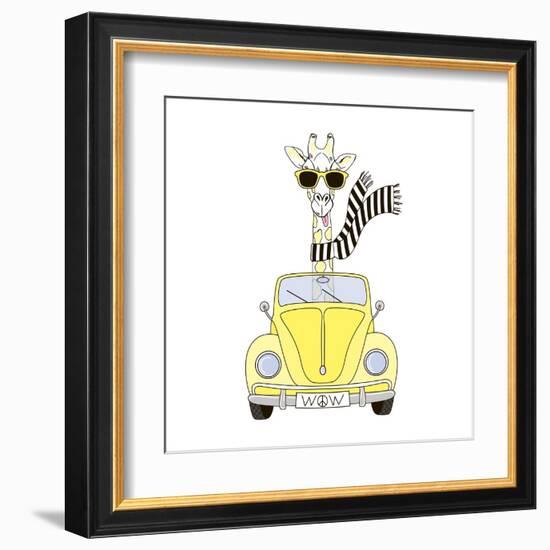 Giraffe in Sunglasses and Scarf Driving Yellow Retro Car-Olga_Angelloz-Framed Art Print