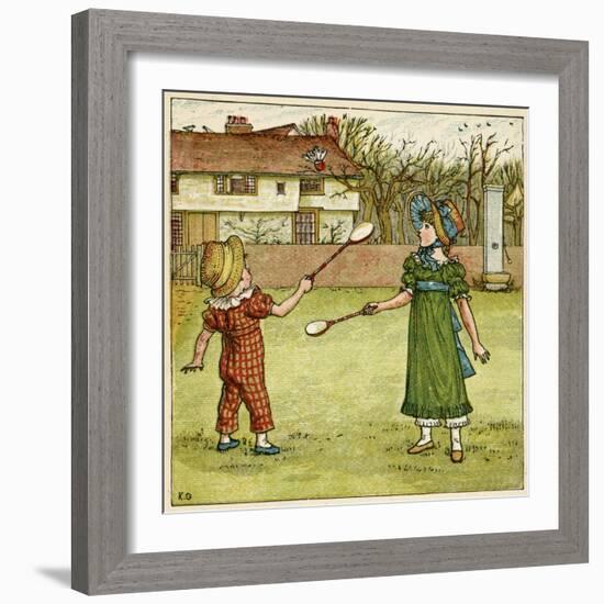 Girl and Boy Playing Shuttlecock and Battledore on the Grass-Kate Greenaway-Framed Art Print