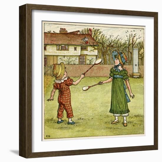 Girl and Boy Playing Shuttlecock and Battledore on the Grass-Kate Greenaway-Framed Art Print