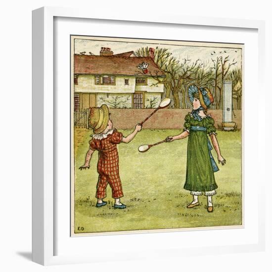 Girl and Boy Playing Shuttlecock and Battledore on the Grass-Kate Greenaway-Framed Art Print