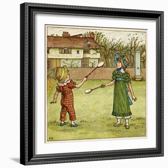 Girl and Boy Playing Shuttlecock and Battledore on the Grass-Kate Greenaway-Framed Art Print