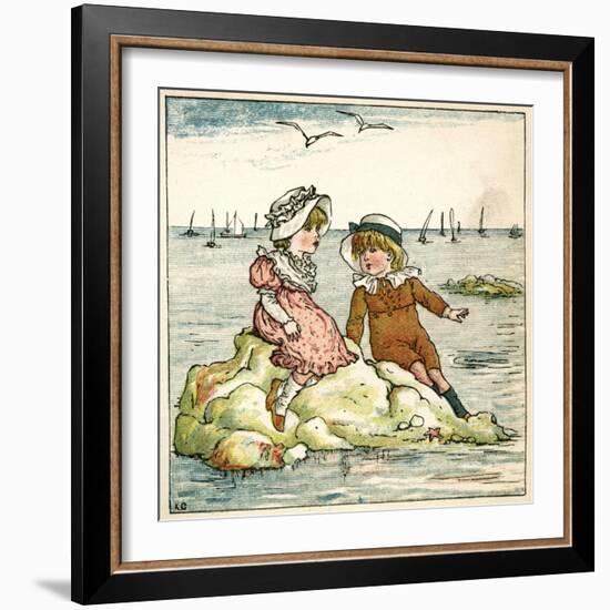 Girl and Boy Sitting on a Rock-Kate Greenaway-Framed Art Print