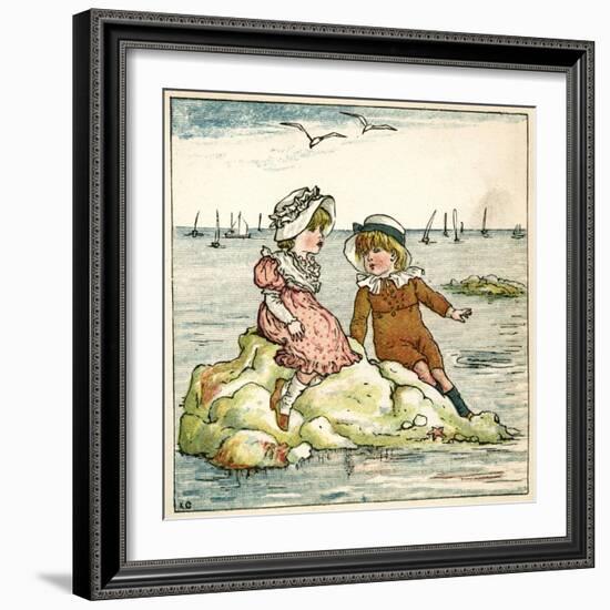 Girl and Boy Sitting on a Rock-Kate Greenaway-Framed Art Print