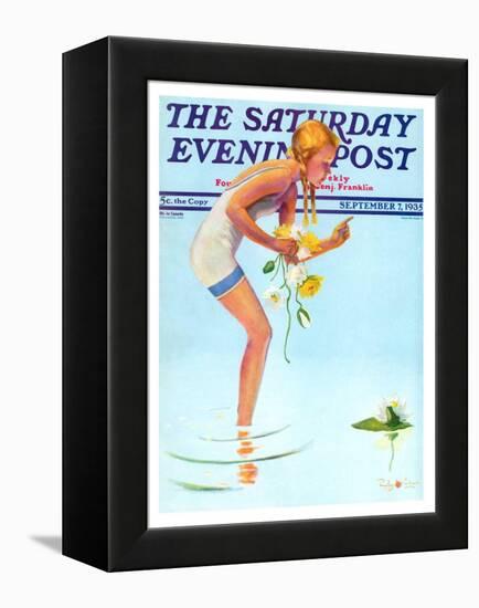 "Girl and Water Lilies," Saturday Evening Post Cover, September 7, 1935-Penrhyn Stanlaws-Framed Premier Image Canvas