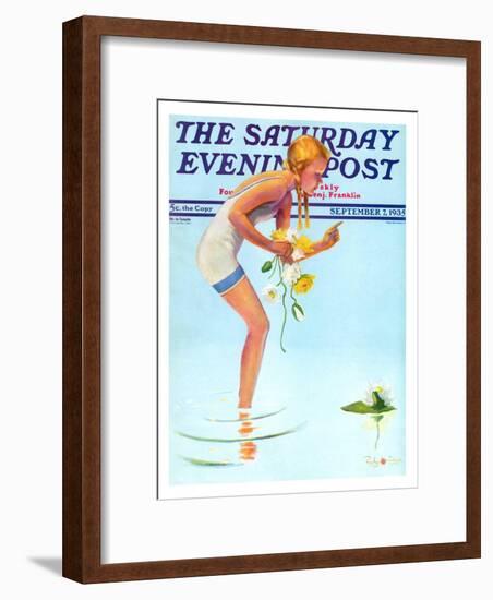 "Girl and Water Lilies," Saturday Evening Post Cover, September 7, 1935-Penrhyn Stanlaws-Framed Giclee Print