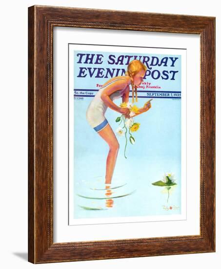 "Girl and Water Lilies," Saturday Evening Post Cover, September 7, 1935-Penrhyn Stanlaws-Framed Giclee Print