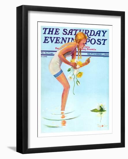 "Girl and Water Lilies," Saturday Evening Post Cover, September 7, 1935-Penrhyn Stanlaws-Framed Giclee Print