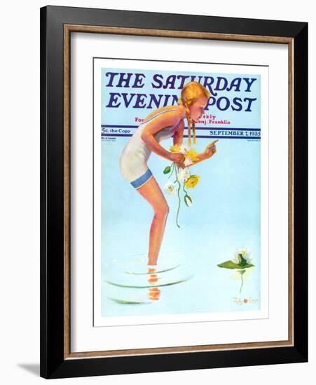 "Girl and Water Lilies," Saturday Evening Post Cover, September 7, 1935-Penrhyn Stanlaws-Framed Giclee Print