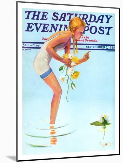 "Girl and Water Lilies," Saturday Evening Post Cover, September 7, 1935-Penrhyn Stanlaws-Mounted Giclee Print