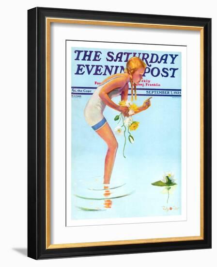 "Girl and Water Lilies," Saturday Evening Post Cover, September 7, 1935-Penrhyn Stanlaws-Framed Giclee Print