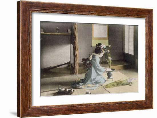 Girl Arranging Flowers (Hand Coloured Photo)-Japanese Photographer-Framed Giclee Print