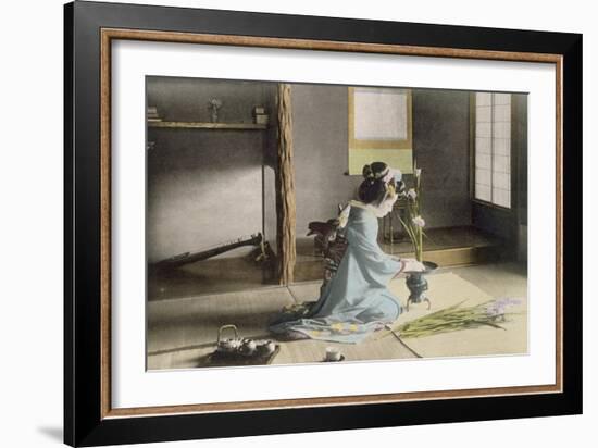 Girl Arranging Flowers (Hand Coloured Photo)-Japanese Photographer-Framed Giclee Print