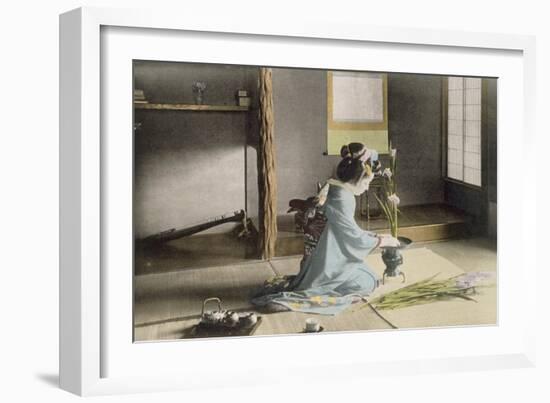 Girl Arranging Flowers (Hand Coloured Photo)-Japanese Photographer-Framed Giclee Print