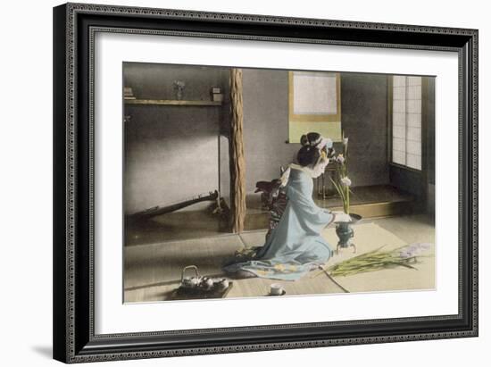 Girl Arranging Flowers (Hand Coloured Photo)-Japanese Photographer-Framed Giclee Print