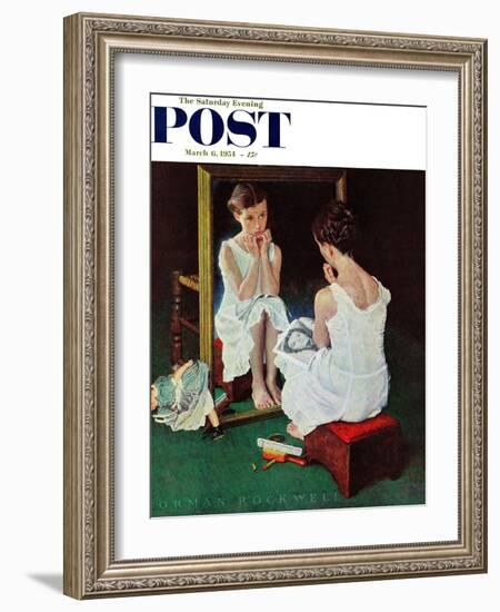 "Girl at the Mirror" Saturday Evening Post Cover, March 6,1954-Norman Rockwell-Framed Giclee Print