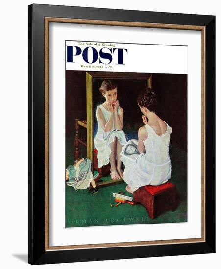 "Girl at the Mirror" Saturday Evening Post Cover, March 6,1954-Norman Rockwell-Framed Giclee Print