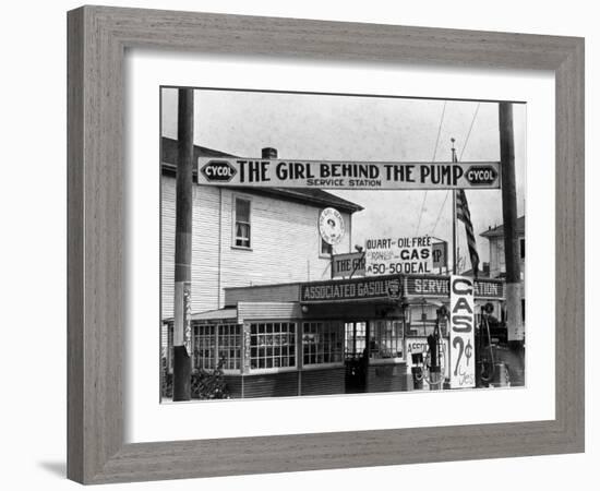 Girl Behind the Pump Gas Station Run Entirely by Female Owners-Emil Otto Hoppé-Framed Photographic Print