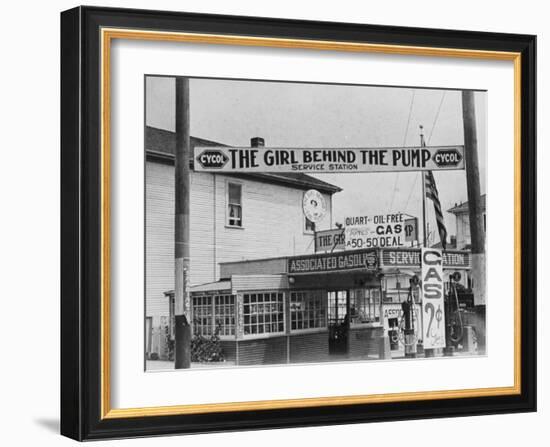 Girl Behind the Pump Gas Station Run Entirely by Female Owners-Emil Otto Hoppé-Framed Photographic Print